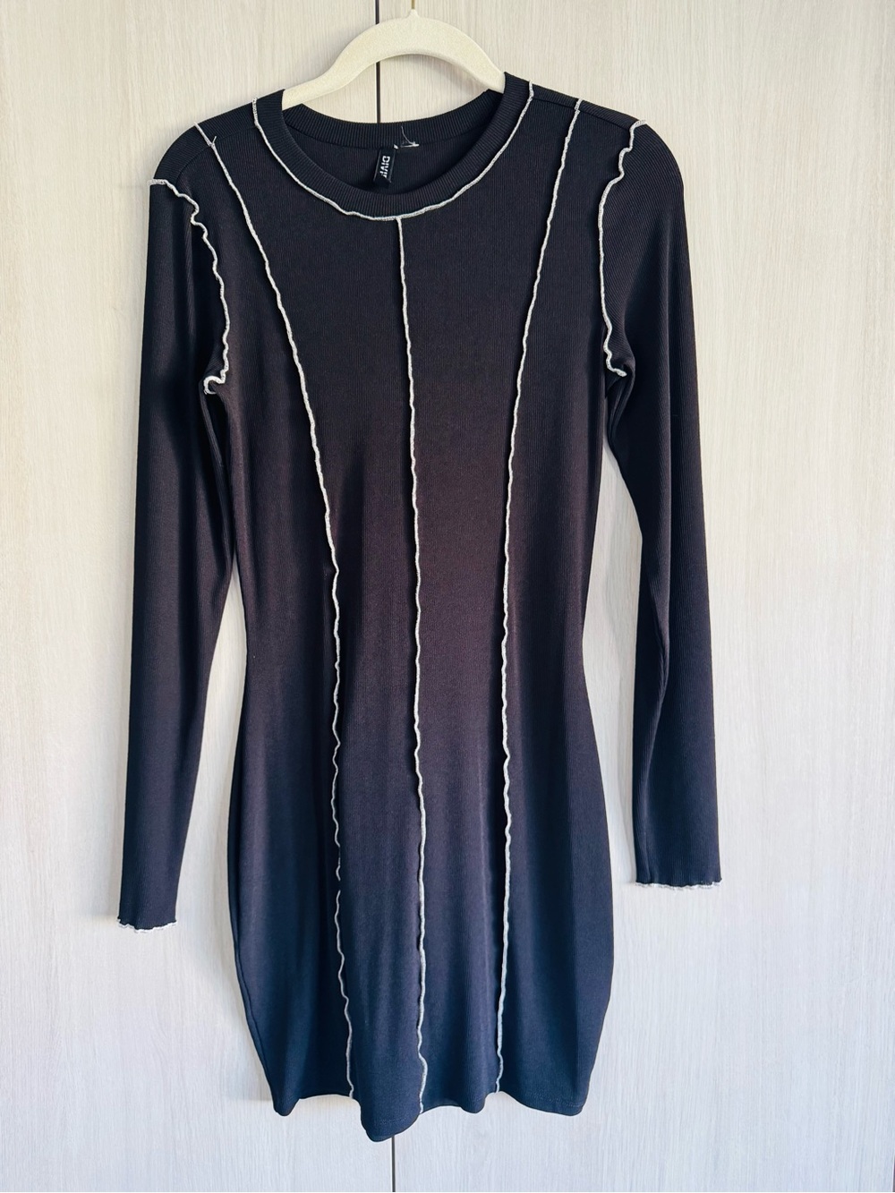 Divided Black Midi Bodycon Dress with Contrast Seams Sz S stretch
